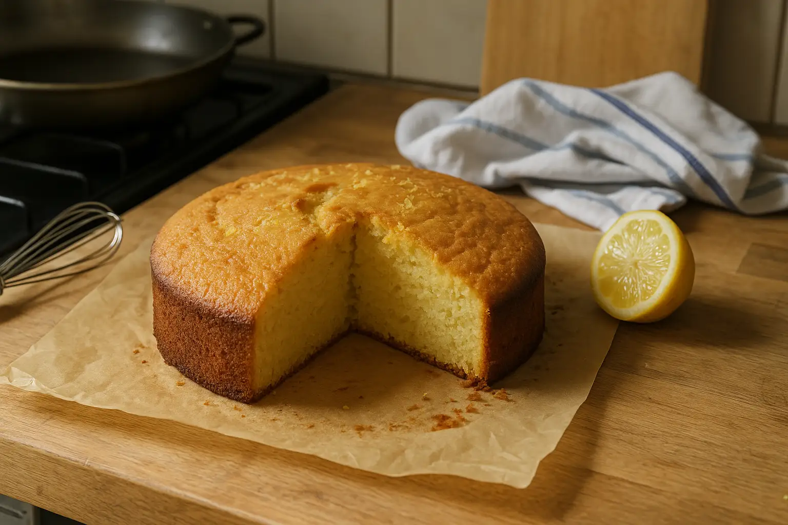 Gâteau au yaourt au citron fait maison dans une cuisine familiale