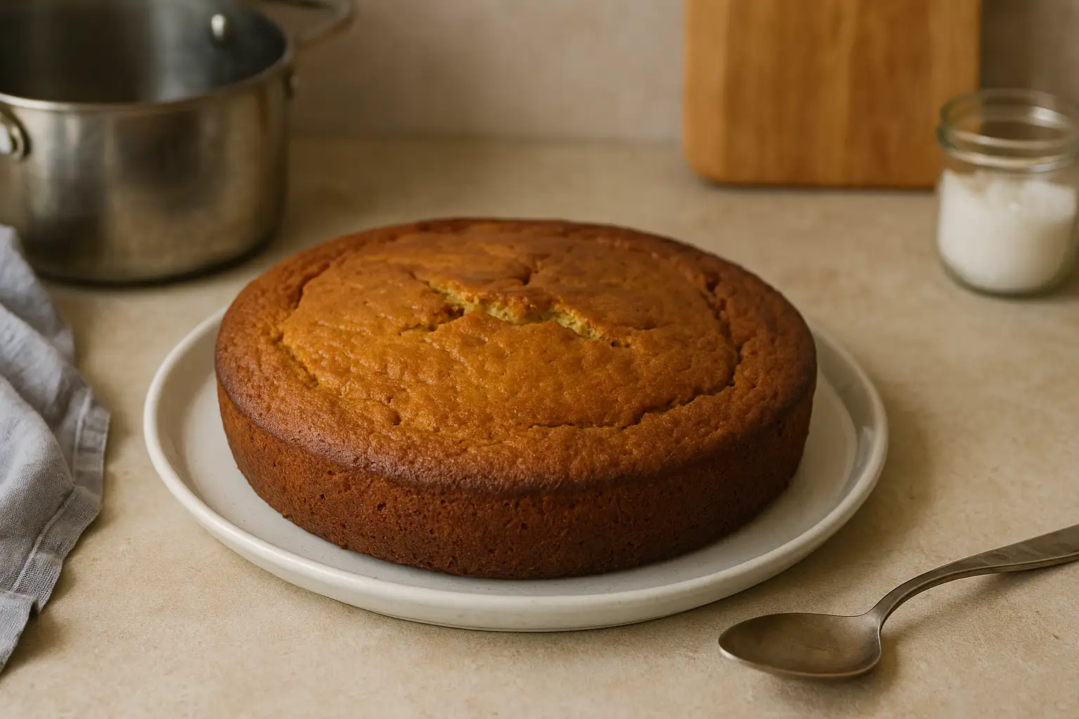 Photographie d’un gâteau au yaourt sans sucre fait maison posé sur un plan de travail dans une cuisine familiale.