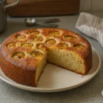 Gâteau aux mirabelles maison photographié dans une vraie cuisine avec des ustensiles, un plat doré et un style fait-maison.
