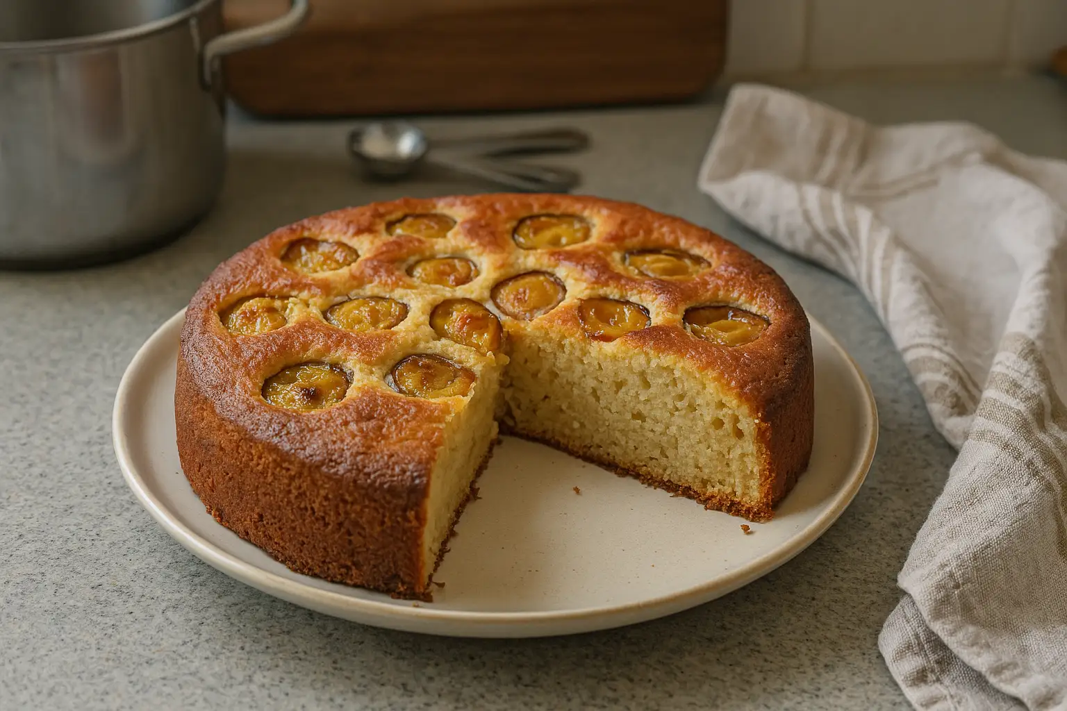 Gâteau aux mirabelles maison photographié dans une vraie cuisine avec des ustensiles, un plat doré et un style fait-maison.