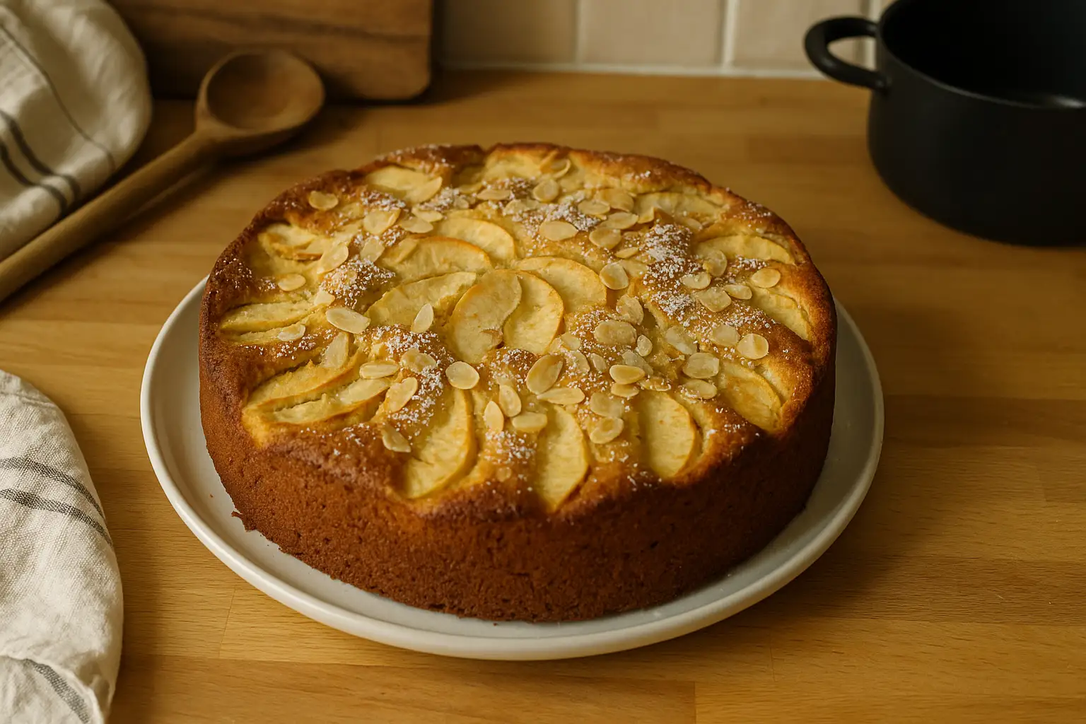 Gâteau aux pommes et amandes moelleux fait maison, photographié dans une cuisine réelle avec des ustensiles autour