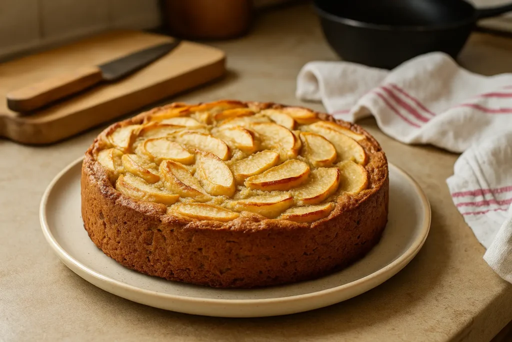 Photo d’un gâteau aux pommes sans sucre fait maison, moelleux et doré, présenté dans une cuisine familiale avec des ustensiles autour, capturant une ambiance chaleureuse et authentique.