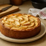 Photo d’un gâteau aux pommes sans sucre fait maison, moelleux et doré, présenté dans une cuisine familiale avec des ustensiles autour, capturant une ambiance chaleureuse et authentique.