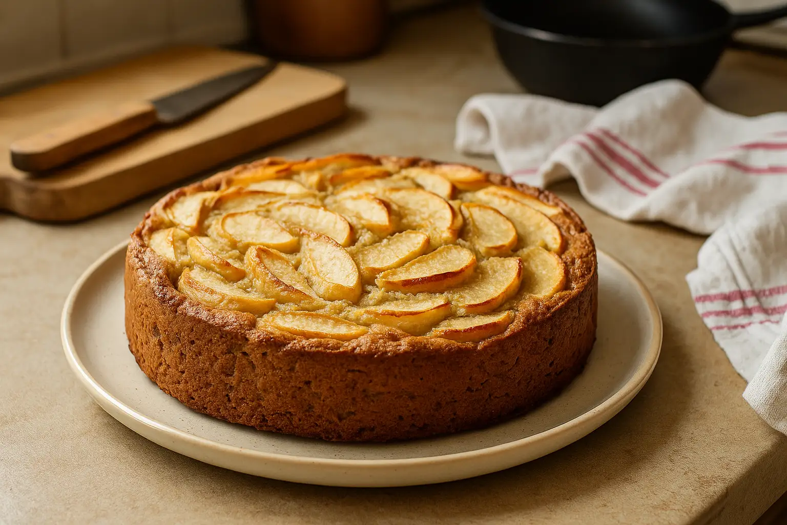 Photo d’un gâteau aux pommes sans sucre fait maison, moelleux et doré, présenté dans une cuisine familiale avec des ustensiles autour, capturant une ambiance chaleureuse et authentique.