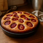 Gâteau aux prunes maison moelleux, cuit dans une vraie cuisine familiale avec des prunes rouges juteuses