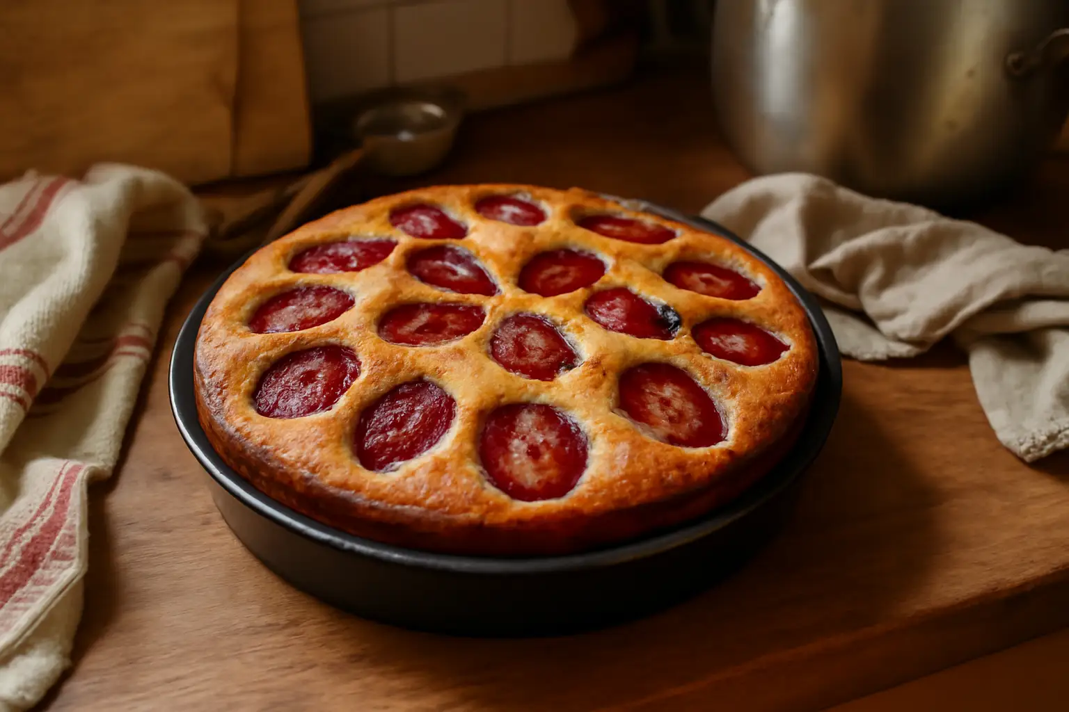 Gâteau aux prunes maison moelleux, cuit dans une vraie cuisine familiale avec des prunes rouges juteuses