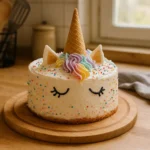 Gâteau licorne fait maison décoré avec chantilly, cornet en sucre et crème colorée – recette simple pour anniversaire