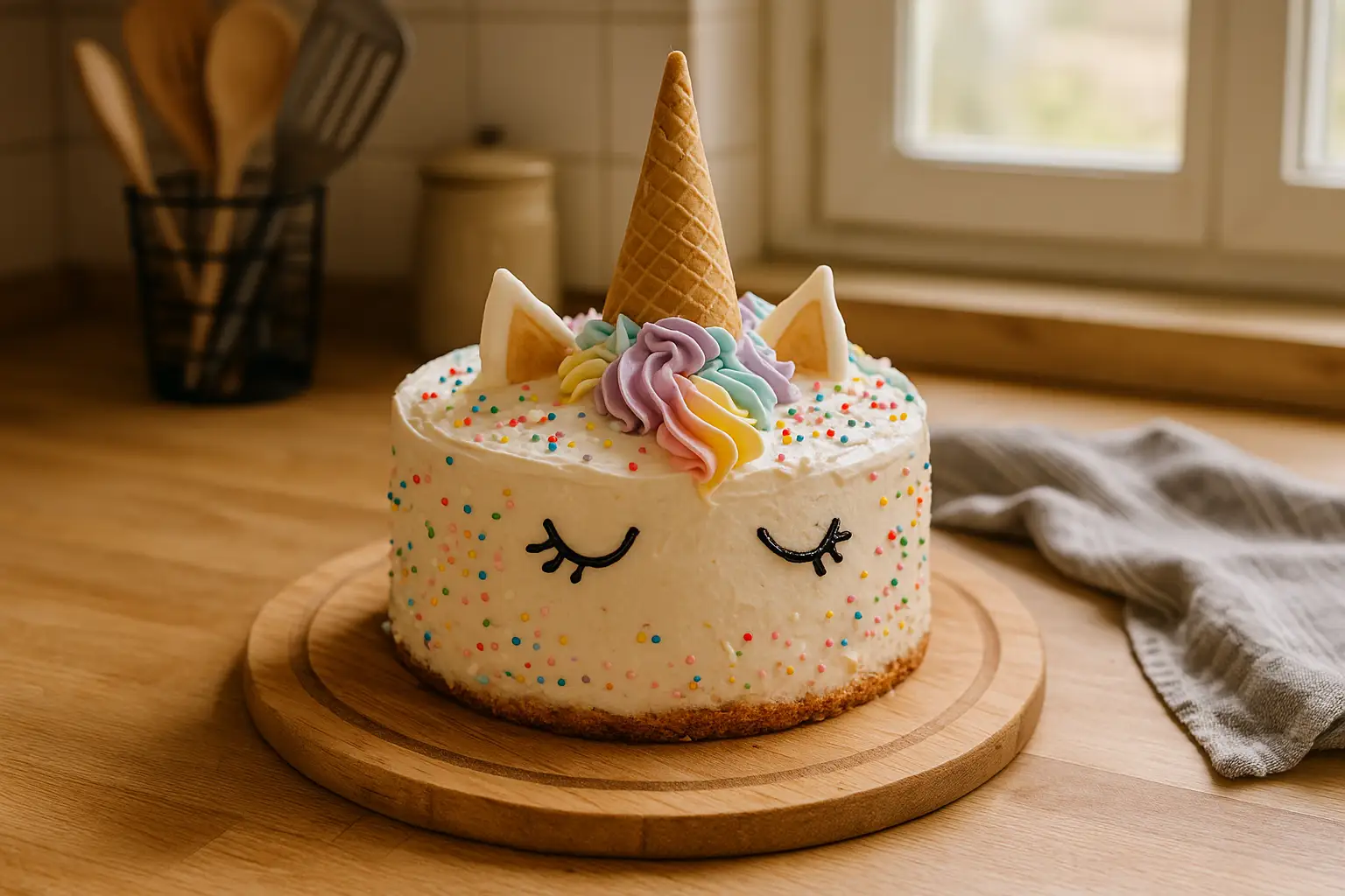 Gâteau licorne fait maison décoré avec chantilly, cornet en sucre et crème colorée – recette simple pour anniversaire