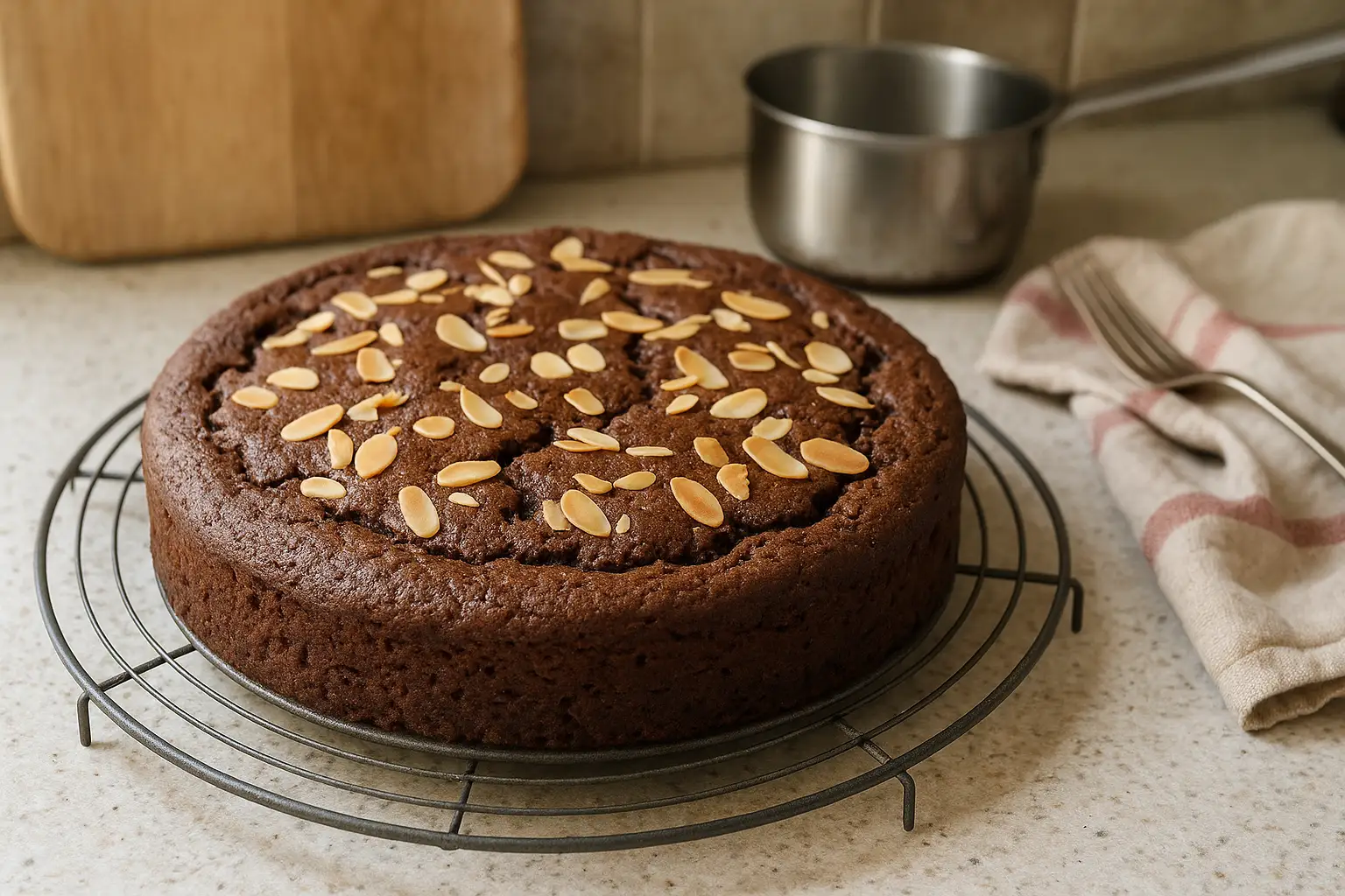 Gâteau amande chocolat maison dans une cuisine familiale