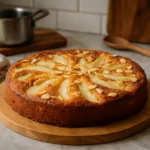 Gâteau poires amandes moelleux fait maison dans une cuisine familiale