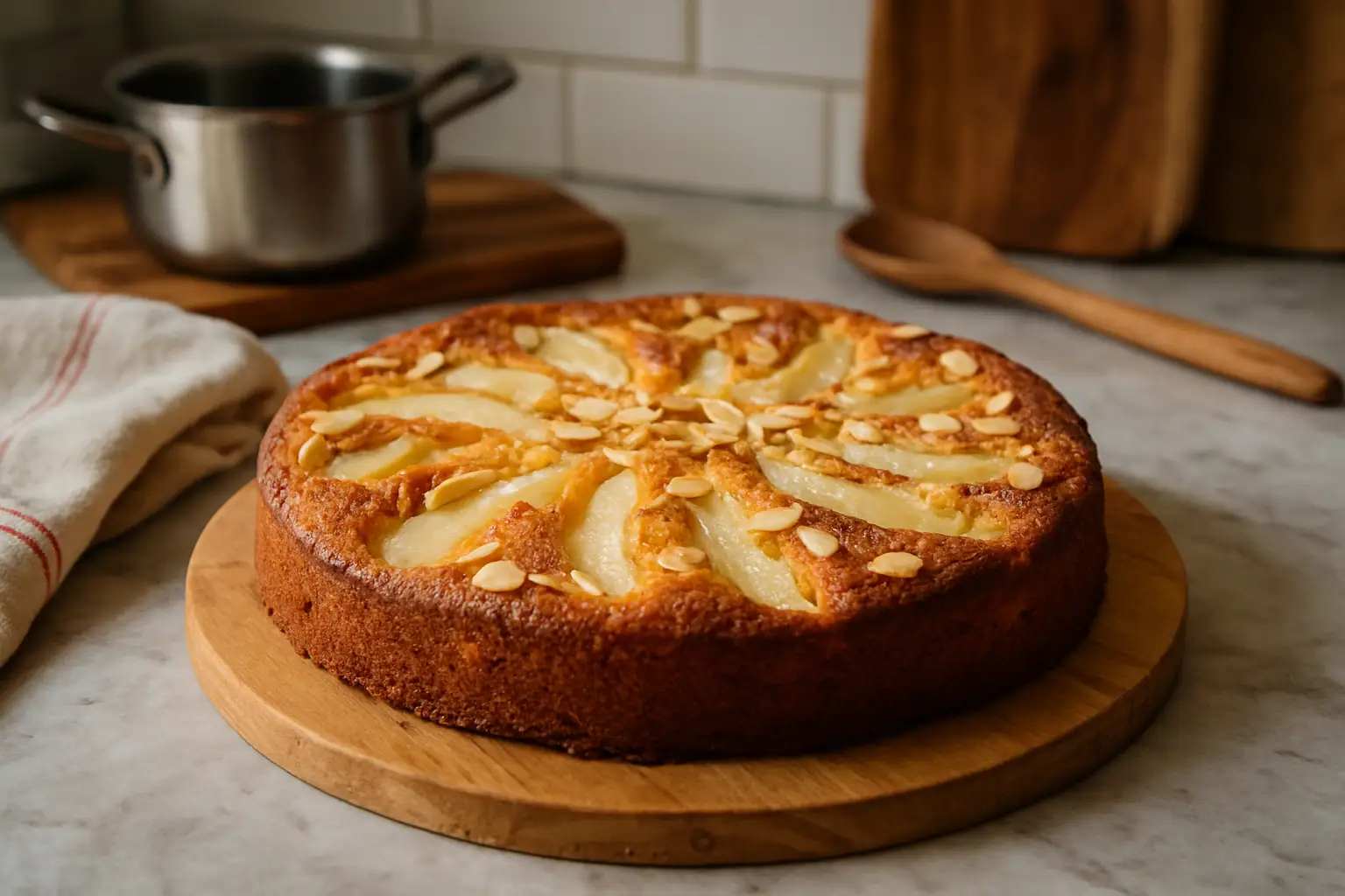Gâteau poires amandes moelleux fait maison dans une cuisine familiale