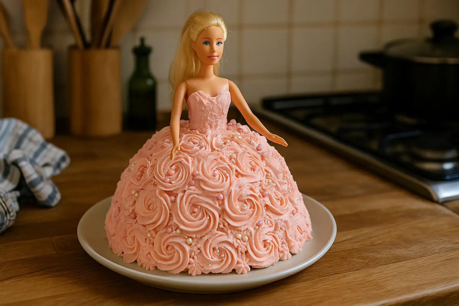 Gâteau princesse maison en forme de robe, décoré avec crème au beurre rose – recette facile pour anniversaire de fille