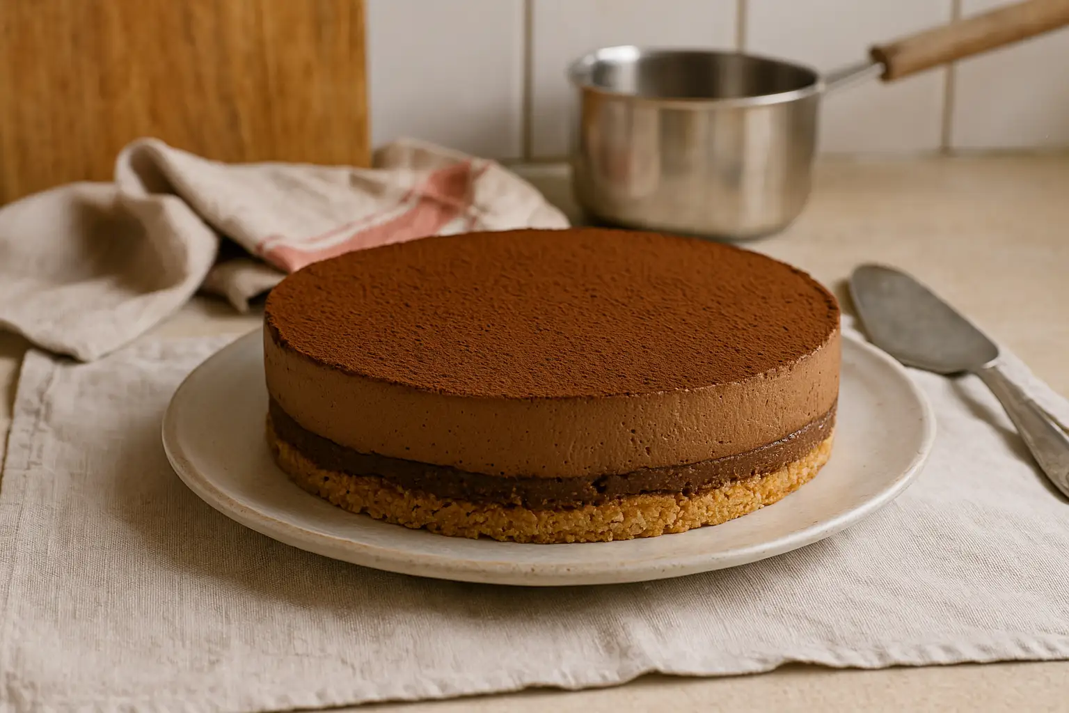 Gâteau royal chocolat noisette fait maison dans une cuisine familiale, entremets fondant au praliné sur fond authentique
