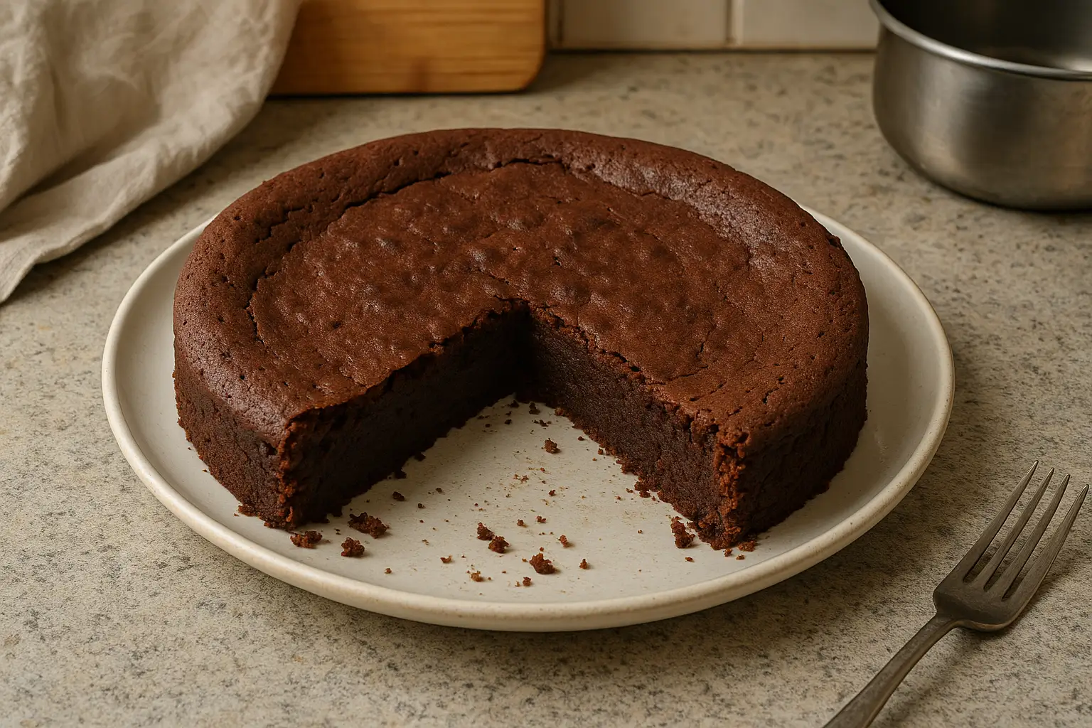 Gâteau au chocolat sans gluten fait maison dans une vraie cuisine, moelleux et fondant.