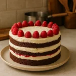 Layer cake chocolat framboise fait maison sur table de cuisine – gâteau à étages au chocolat et framboises décoré avec crème mascarpone