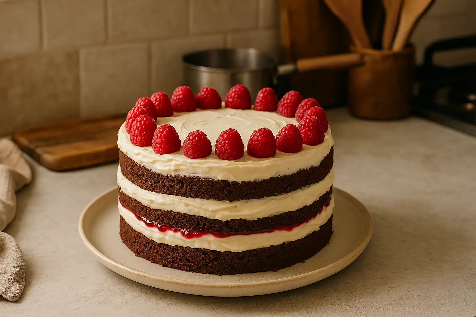 Layer cake chocolat framboise fait maison sur table de cuisine – gâteau à étages au chocolat et framboises décoré avec crème mascarpone