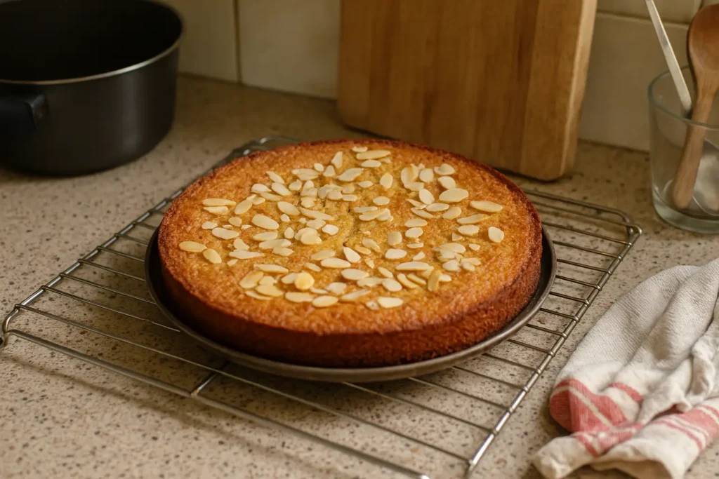 Gâteau namandier fondant maison sur une table de cuisine – recette sans farine