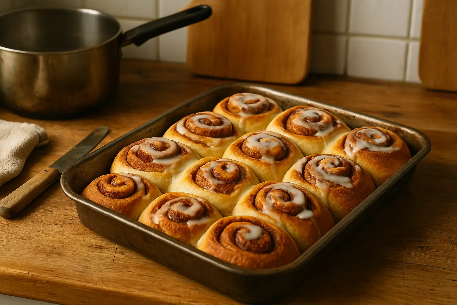 Roulés à la cannelle faits maison dans une cuisine familiale