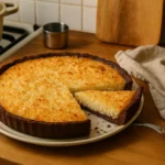 Tarte noix de coco maison dorée sur pâte chocolat