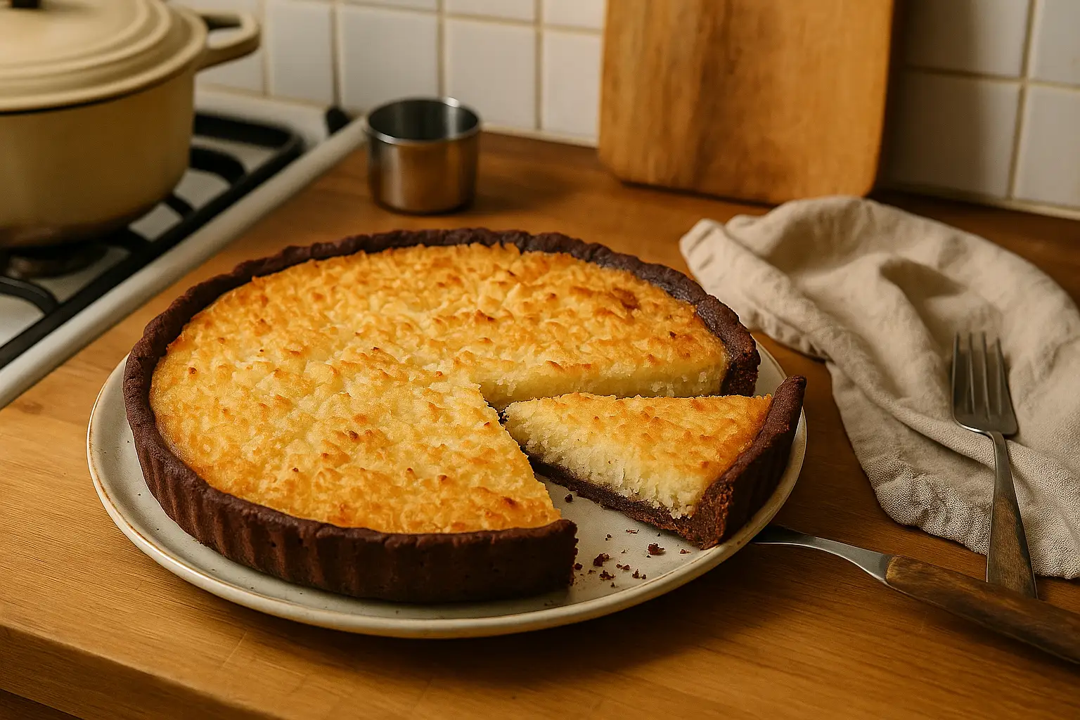 Tarte noix de coco maison dorée sur pâte chocolat