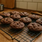 Biscuits chocolat maison moelleux sortis du four, photographiés dans une cuisine familiale, sur une grille avec des ustensiles autour.