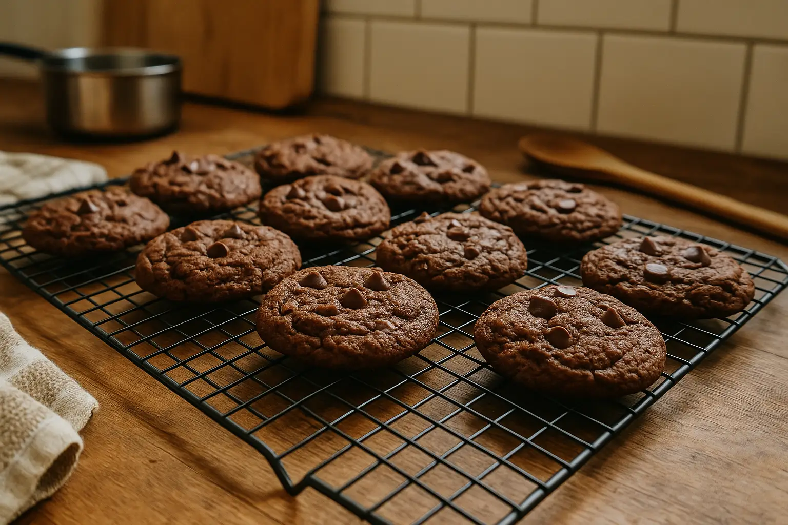Biscuits chocolat maison moelleux sortis du four, photographiés dans une cuisine familiale, sur une grille avec des ustensiles autour.