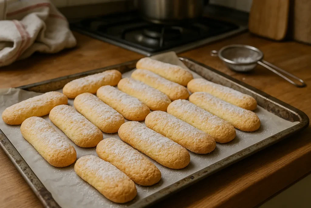 Biscuits à la cuillère maison présentés sur une assiette dans une cuisine familiale