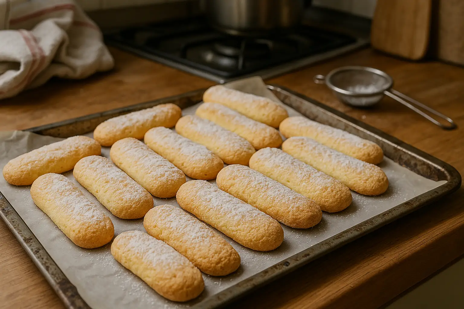 Biscuits à la cuillère maison présentés sur une assiette dans une cuisine familiale