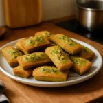 Financiers à la pistache faits maison posés sur une plaque de cuisson dans une cuisine