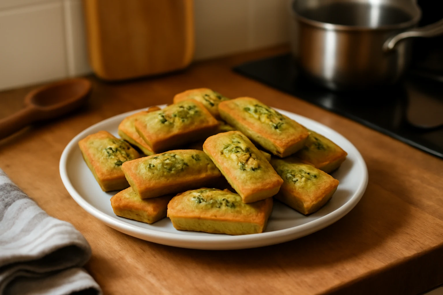 Financiers à la pistache faits maison posés sur une plaque de cuisson dans une cuisine