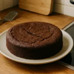 Gâteau sans œuf au chocolat fait maison, moelleux et fondant, présenté dans une assiette sur une table de cuisine familiale.