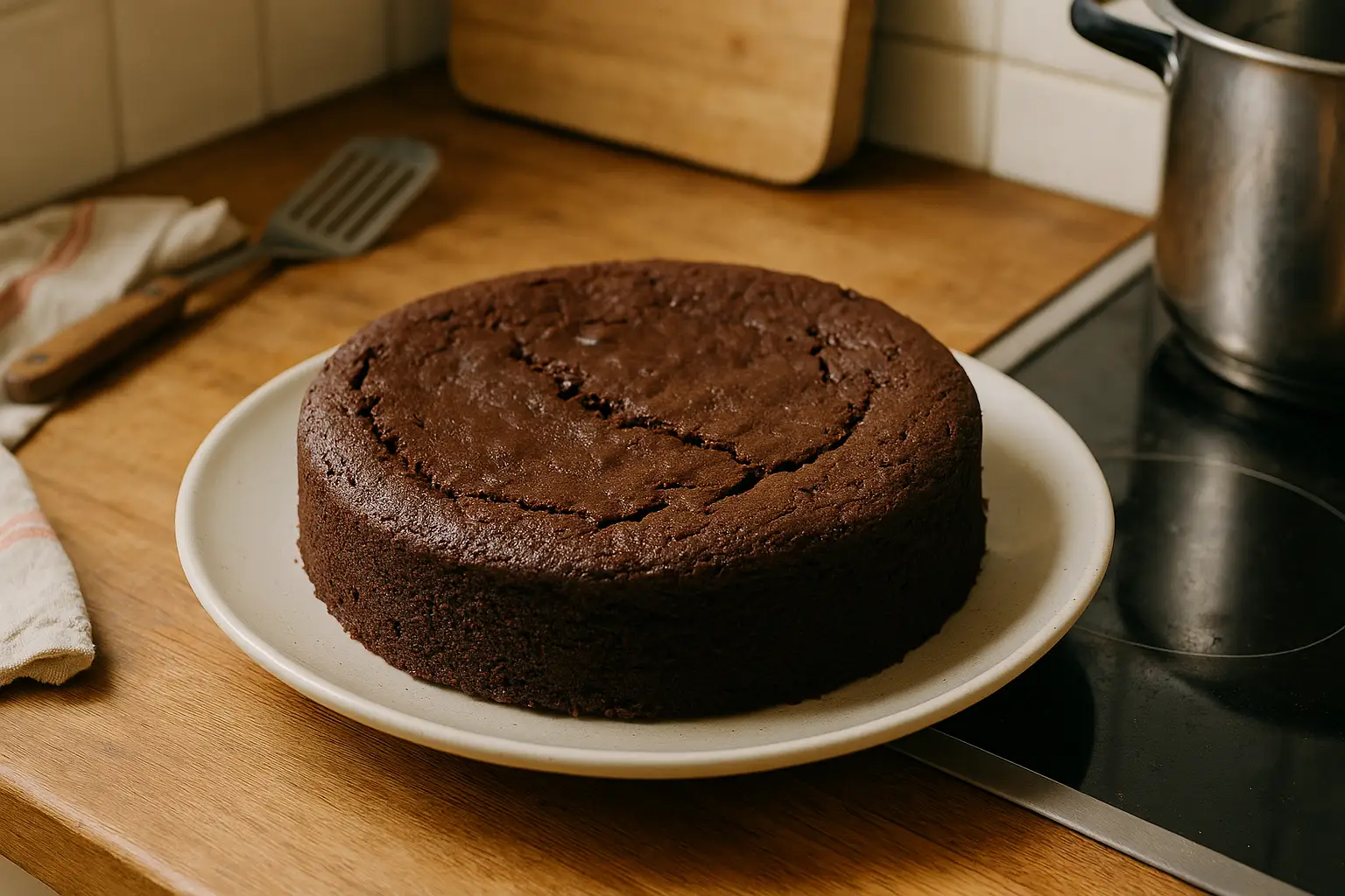 Gâteau sans œuf au chocolat fait maison, moelleux et fondant, présenté dans une assiette sur une table de cuisine familiale.