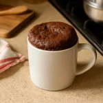 Mug cake chocolat moelleux fait maison, dans une tasse blanche, prêt en 5 minutes au micro-ondes.
