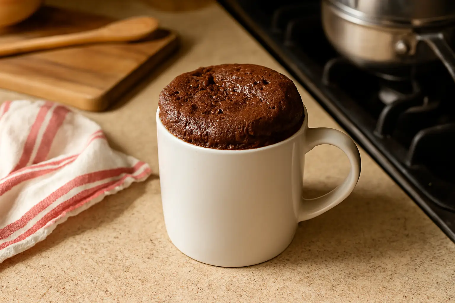 Mug cake chocolat moelleux fait maison, dans une tasse blanche, prêt en 5 minutes au micro-ondes.