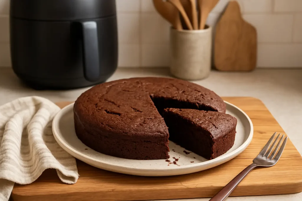 Photo d’un gâteau Air Fryer moelleux au chocolat fait maison, fondant et léger, présenté dans une cuisine familiale.