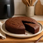 Photo d’un gâteau Air Fryer moelleux au chocolat fait maison, fondant et léger, présenté dans une cuisine familiale.