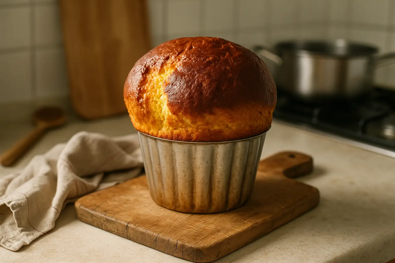 Photo d’un Gâteau Battu Picard doré et moelleux, spécialité traditionnelle de Picardie, préparé maison dans un moule à gâteau battu.
