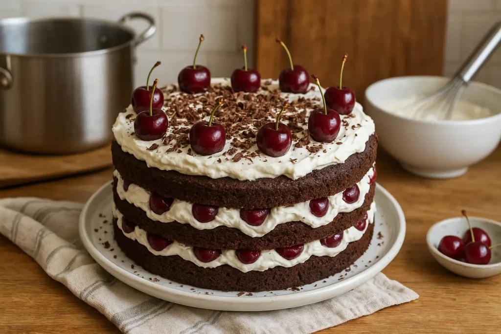 Photo d’un gâteau Forêt Noire traditionnel fait maison avec génoise au chocolat, cerises et crème chantilly, décoré de copeaux de chocolat.