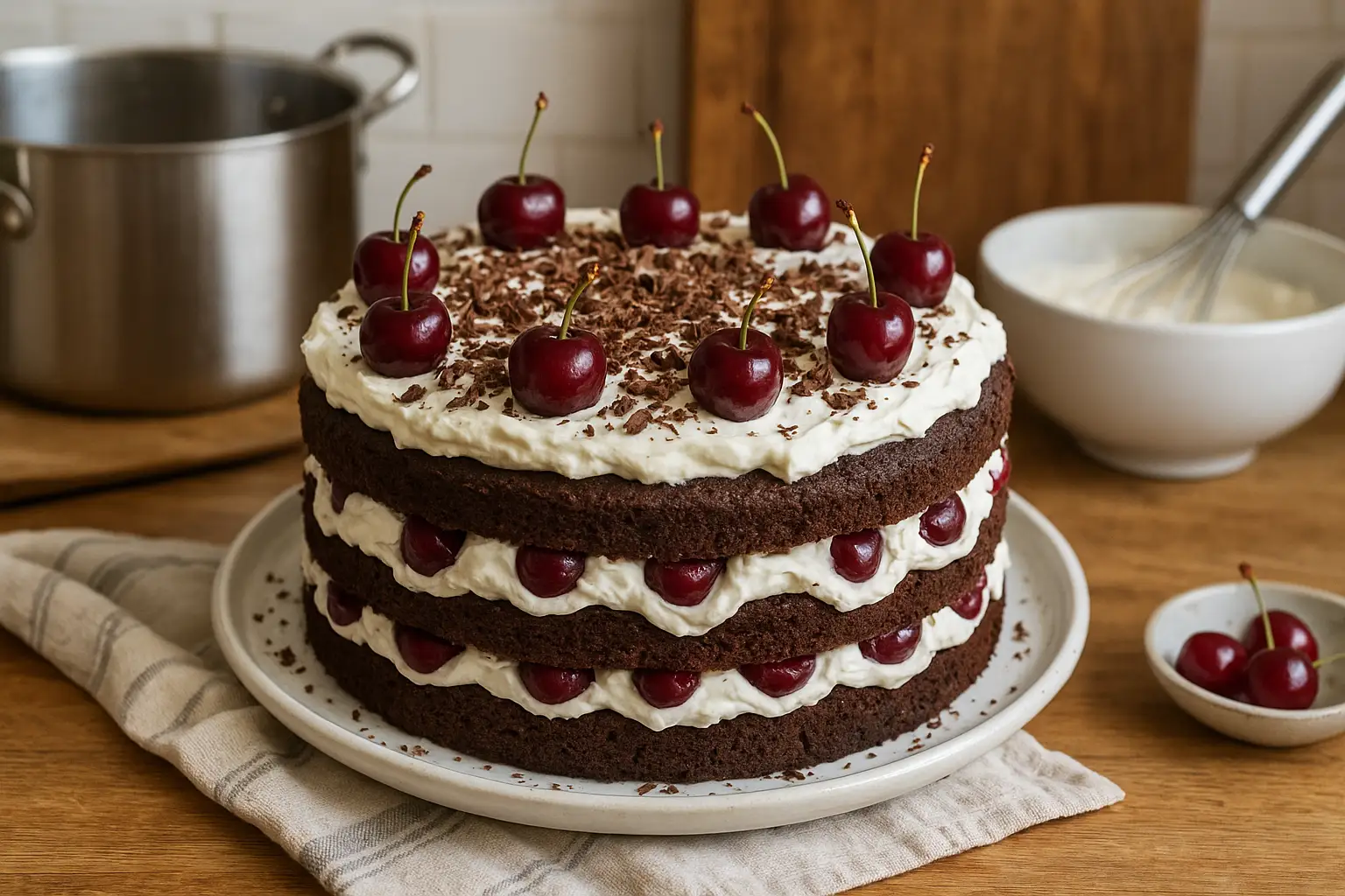 Photo d’un gâteau Forêt Noire traditionnel fait maison avec génoise au chocolat, cerises et crème chantilly, décoré de copeaux de chocolat.