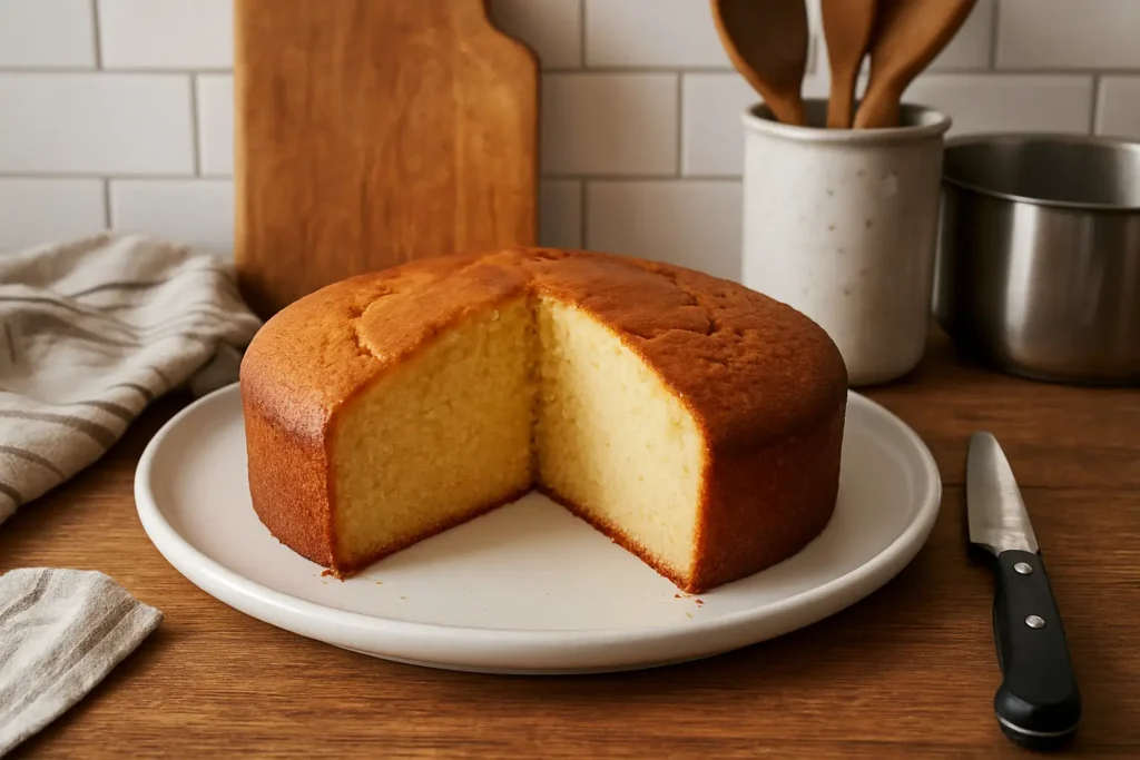 Photo d’un gâteau à la vanille moelleux fait maison, léger et parfumé, parfait pour un dessert ou un goûter en famille.