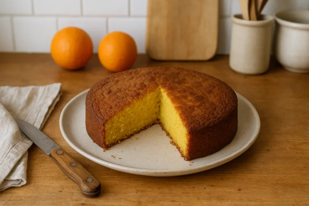 Gâteau à l'orange moelleux et parfumé fait maison, inspiré d'une recette de grand-mère, avec zestes et jus d'orange frais sur une table de cuisine.
