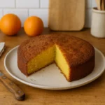 Gâteau à l'orange moelleux et parfumé fait maison, inspiré d'une recette de grand-mère, avec zestes et jus d'orange frais sur une table de cuisine.