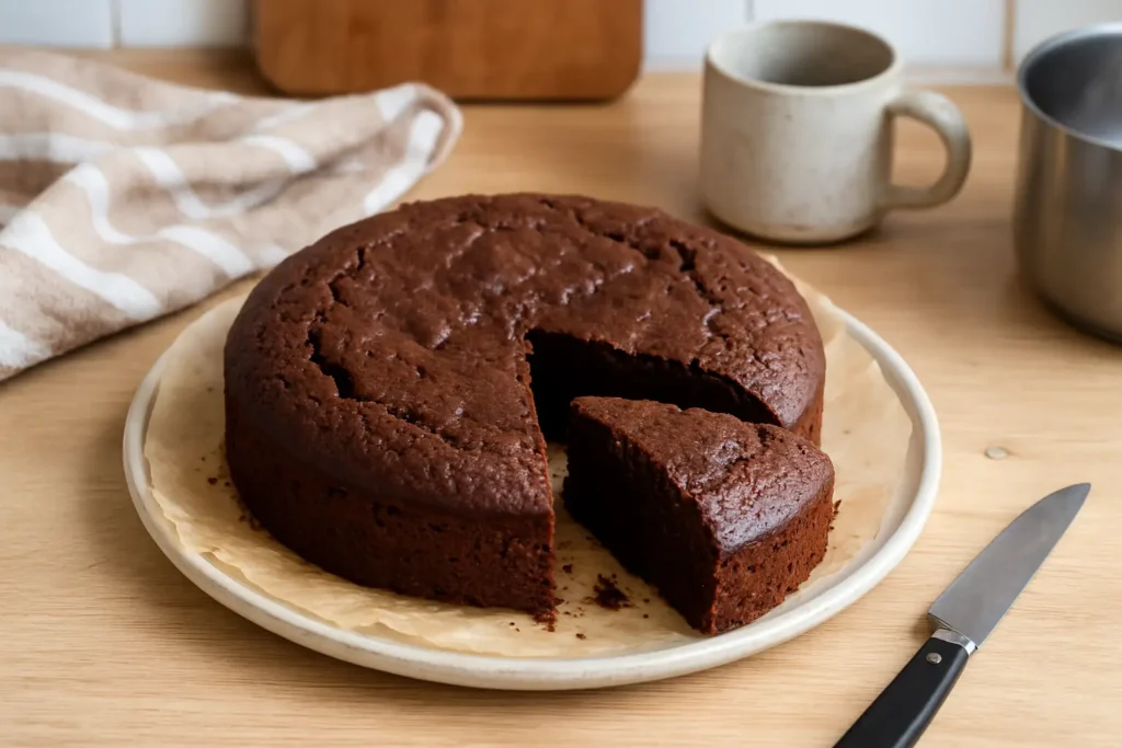 Photo d’un gâteau au chocolat healthy maison, moelleux et léger, préparé avec du chocolat noir et de la compote de pommes pour un dessert gourmand et sain.