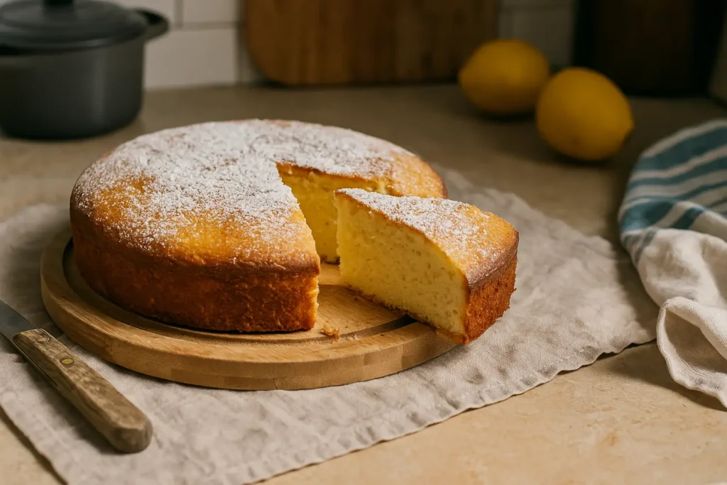 Gâteau au citron et mascarpone fait maison photographié dans une cuisine familiale