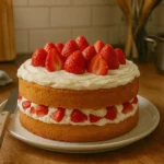Gâteau aux fraises maison moelleux photographié dans une cuisine familiale