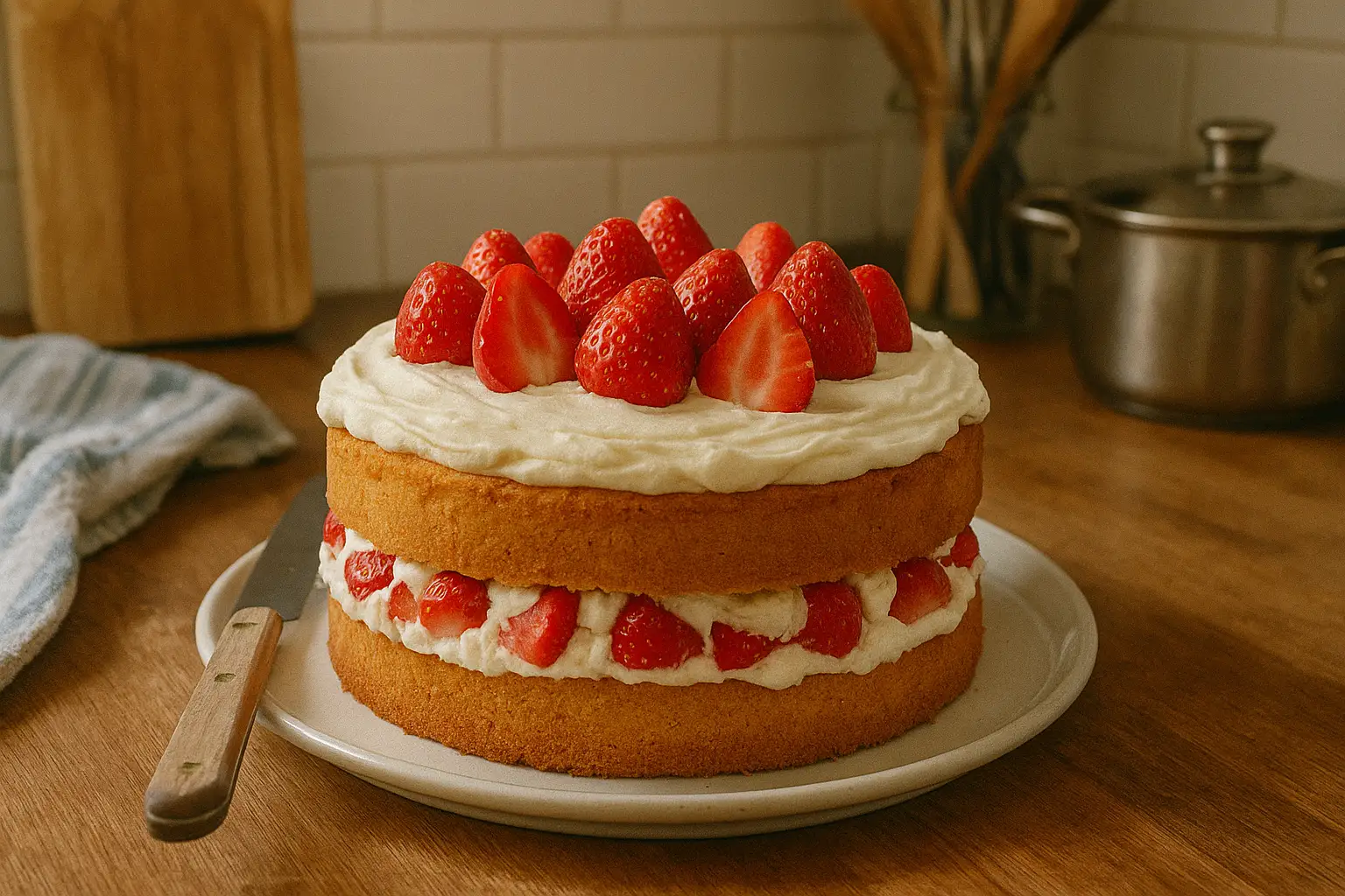 Gâteau aux fraises maison moelleux photographié dans une cuisine familiale