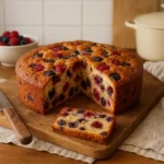 Photo d’un gâteau aux fruits rouges moelleux et maison, préparé facilement avec une recette traditionnelle.