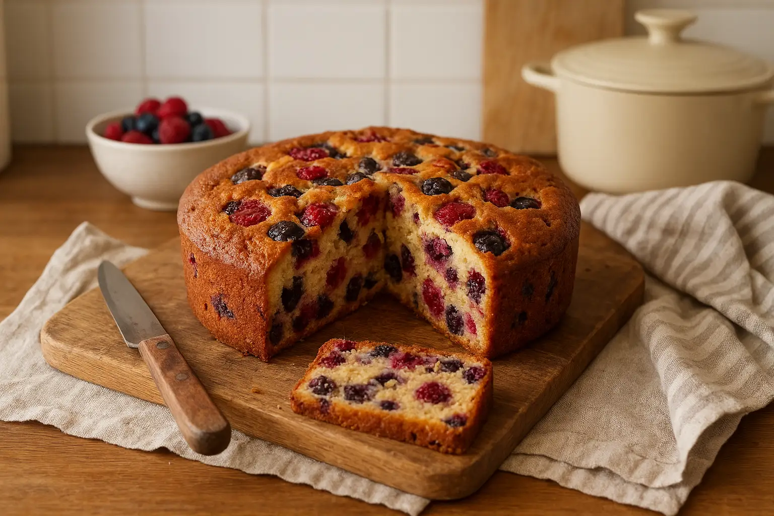 Photo d’un gâteau aux fruits rouges moelleux et maison, préparé facilement avec une recette traditionnelle.