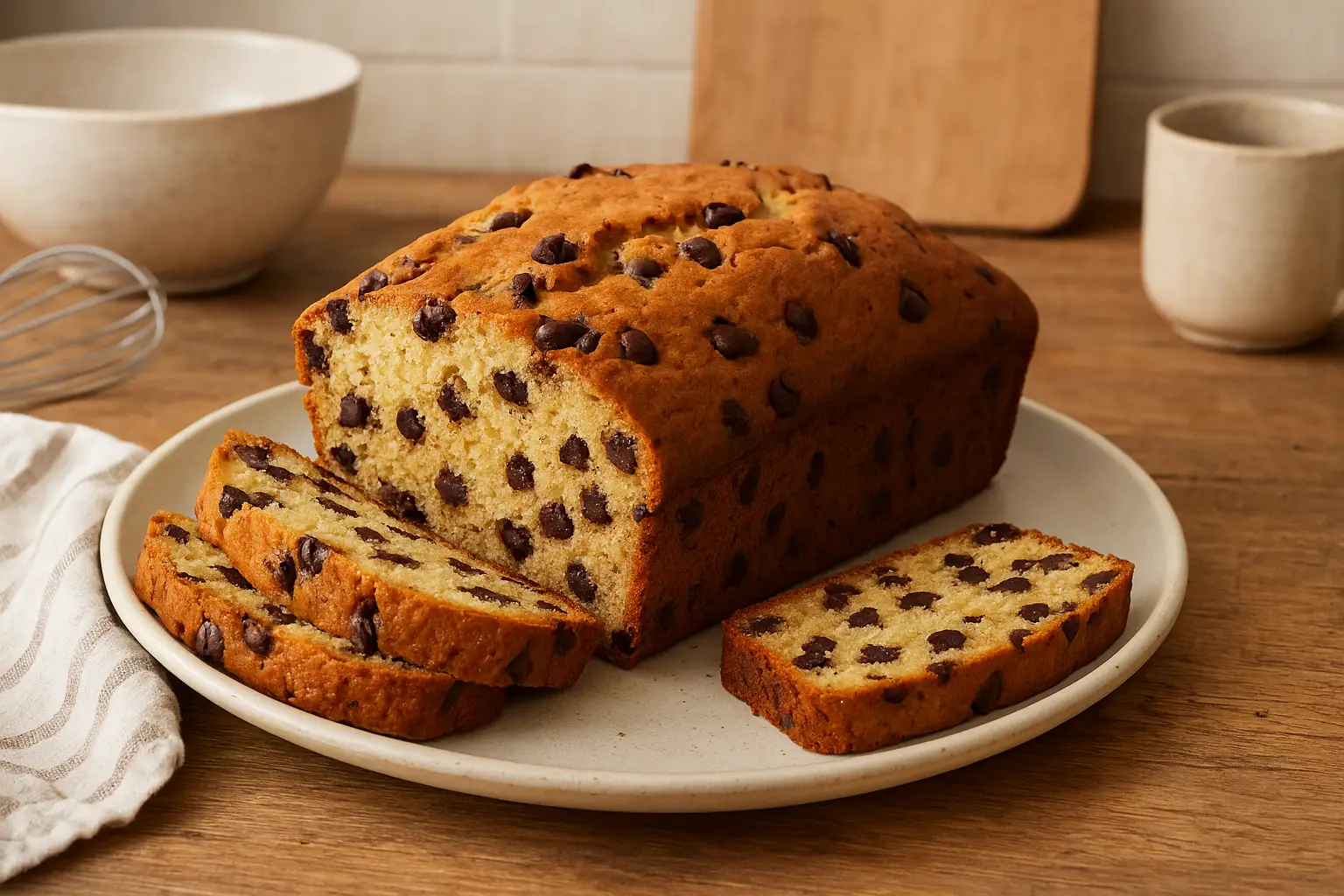 Photo réaliste d’un gâteau aux pépites de chocolat maison, moelleux et doré, parfait pour un dessert gourmand ou un goûter facile.
