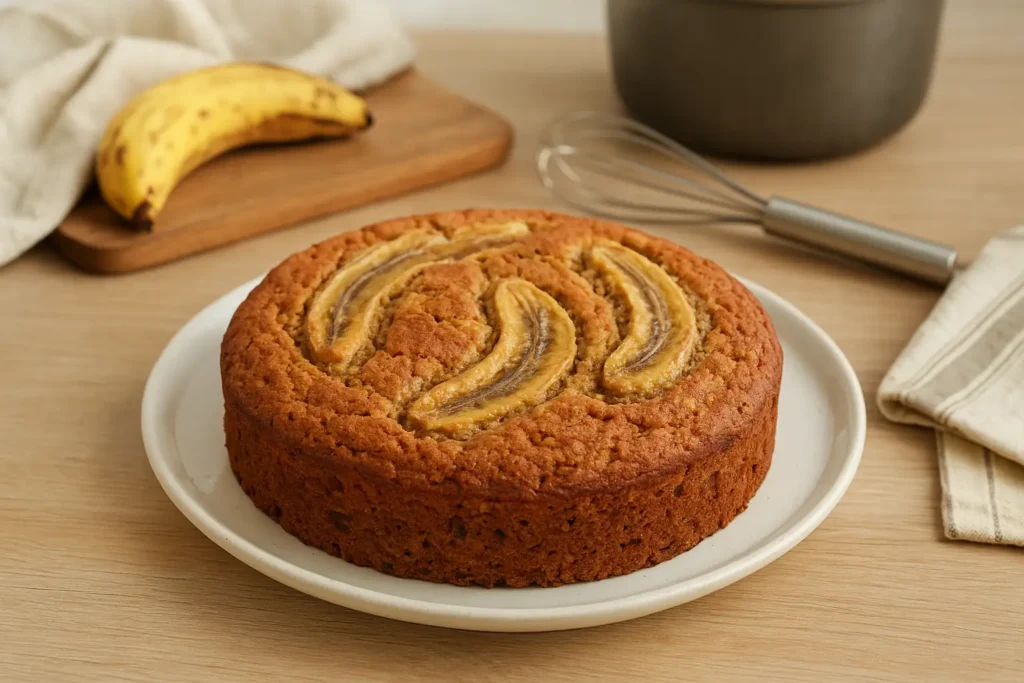 Photo d’un gâteau banane healthy maison, moelleux et léger, préparé avec des bananes mûres et des flocons d’avoine pour une recette saine et gourmande.